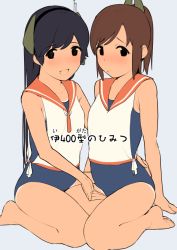 Rule 34 | 2girls, black hair, blouse, blue one-piece swimsuit, brown eyes, brown hair, full body, grey background, hair ornament, hairclip, headgear, i-400 (kancolle), i-401 (kancolle), kantai collection, long hair, looking at viewer, multiple girls, one-piece swimsuit, one-piece tan, open mouth, orange sailor collar, ponytail, sailor collar, sailor shirt, school swimsuit, shiden (sashimi no wife), shirt, short hair, simple background, sleeveless, sleeveless shirt, swimsuit, swimsuit under clothes, tan, tanline, white shirt
