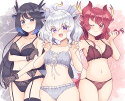 Rule 34 | 3girls, :o, ;), ahoge, animal ears, armpits, black bra, black dragon (kemono friends), black hair, black horns, black panties, blonde hair, blue hair, blush, bra, breasts, closed mouth, colored tips, commission, cowboy shot, dragon ears, dragon girl, dragon horns, dragon tail, fang, fingernails, frilled bra, frilled panties, frills, garter belt, garter straps, gloves, grey bra, grey eyes, grey hair, grey horns, grey panties, hair between eyes, hand on own arm, hand on own hip, hand up, hands up, highres, horns, kemono friends, kemono friends 3, long hair, looking at viewer, medium breasts, medium hair, multicolored hair, multicolored horns, multiple girls, navel, one eye closed, open mouth, orange hair, panties, parted lips, purple eyes, red bra, red dragon (kemono friends), red eyes, red horns, red panties, shiraha maru, skeb commission, skin fang, small breasts, smile, stomach, tail, two-tone hair, underwear, underwear only, very long hair, white dragon (kemono friends), yellow horns