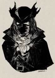 Rule 34 | 1girl, artist name, bloodborne, cape, cropped torso, grey background, hat, highres, hunter (bloodborne), looking at viewer, mask, medium hair, mouth mask, simple background, solo, torn clothes, torn hat, tricorne, upper body, yoshino (cmkots)