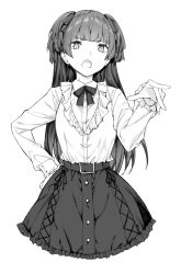 Rule 34 | 1girl, belt, belt skirt, blunt bangs, bow, bowtie, buttoned cuffs, buttons, cropped legs, frilled shirt, frills, greyscale, hair ribbon, idolmaster, idolmaster shiny colors, long hair, long sleeves, looking at viewer, mayuzumi fuyuko, monochrome, mushi024, open mouth, ribbon, ribbon-trimmed skirt, ribbon trim, shirt, shirt tucked in, sketch, skirt, solo, two side up