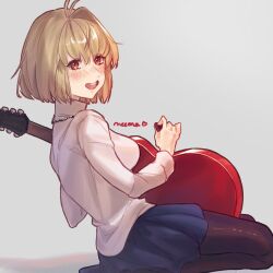 1girl arcueid_brunestud blonde_hair blue_skirt breasts commentary english_commentary grey_background guitar holding holding_guitar holding_instrument holding_plectrum instrument jewelry large_breasts looking_at_viewer medium_hair necklace neema_(oneemasan) open_mouth pantyhose plectrum red_eyes simple_background sitting skirt smile solo sweater tsukihime tsukihime_(remake) turtleneck turtleneck_sweater white_sweater