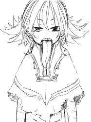 Rule 34 | 1girl, bottomless, female focus, long tongue, monochrome, open mouth, out-of-frame censoring, satsuyo, solo, teeth, tongue, tongue out