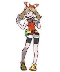 Rule 34 | 00s, 10s, 1girl, alternate costume, armpits, backpack, bag, bandana, bare shoulders, belt, bike shorts, blue eyes, blush, bow, breasts, brown hair, collarbone, creatures (company), fanny pack, fingernails, game freak, hair bow, hair ribbon, hairband, handbag, hip focus, holding, holding poke ball, legs, looking at viewer, lowres, may (pokemon), may (pokemon oras), nail, nintendo, official art, open mouth, outstretched arms, poke ball, pokemon, pokemon oras, pokemon rse, red shirt, ribbon, shirt, shoes, short hair, shorts, simple background, sketch, sleeveless, small breasts, smile, solo, spread arms, sugimori ken, tongue, white background, wristband