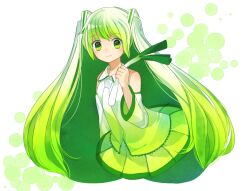 Rule 34 | 1girl, alternate color, alternate eye color, alternate hair color, detached sleeves, food, green eyes, green hair, green necktie, green skirt, green theme, holding, holding food, holding spring onion, holding vegetable, long hair, looking at viewer, necktie, riia0602, shirt, skirt, sleeveless, sleeveless shirt, solo, spring onion, twintails, vegetable, vocaloid