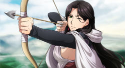 Rule 34 | 1girl, airis92, arrow (projectile), arslan senki, black hair, bow (weapon), breasts, cape, drawing bow, falangies, fog, green eyes, hill, holding bow (weapon), hood, long hair, one eye closed, outdoors, sideboob, solo, upper body, weapon