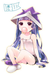 Rule 34 | 1girl, bare arms, bare shoulders, black shorts, blowing bubbles, blush, camisole, chewing gum, collarbone, commentary request, hat, highres, koinobori, long hair, looking at viewer, paper hat, paper kabuto, pikomarie, purple eyes, purple footwear, purple hair, purple hat, puzzle &amp; dragons, shoe soles, shoes, short shorts, shorts, solo, strap slip, v-shaped eyebrows, very long hair, white camisole, windsock, yomi (p&amp;d)