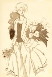 Rule 34 | 1990s (style), 2girls, absurdres, androgynous, aotnky, back-to-back, bishoujo senshi sailor moon, blazer, bouquet, closed eyes, collarbone, cropped legs, dress, female focus, flower, hand in pocket, highres, holding, jacket, jewelry, kaiou michiru, light smile, long hair, long skirt, long sleeves, monochrome, multiple girls, necklace, pants, retro artstyle, reverse trap, sepia, shirt, short hair, simple background, skirt, smile, sunflower, ten&#039;ou haruka, wavy hair, wind