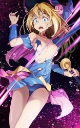 Rule 34 | 1girl, bare shoulders, blonde hair, blue eyes, blue hat, breasts, dark magician girl, duel monster, hat, highres, large breasts, long hair, nail polish, solo, torn clothes, tsukishiro saika, wand, witch hat, yu-gi-oh!