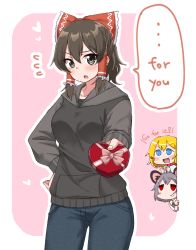 Rule 34 | 3girls, alice margatroid, animal ears, black eyes, black hoodie, black shirt, blonde hair, blue dress, blue eyes, blue pants, blush, border, bow, box, breasts, brown hair, capelet, commentary request, cookie (touhou), cowboy shot, denim, dress, english text, flying sweatdrops, frilled bow, frills, gnzy, grey dress, grey hair, hair between eyes, hair bow, hair tubes, hakurei reimu, heart, heart-shaped box, highres, hood, hoodie, incoming gift, jeans, jewelry, kofji (cookie), looking at another, looking at viewer, maru (cookie), medium breasts, mouse ears, multiple girls, nazrin, necklace, open mouth, outline, pants, peeking out, pink background, red bow, red eyes, shirt, short hair, simple background, touhou, valentine, web (cookie), white border, white capelet