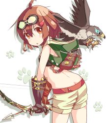 Rule 34 | 1girl, :o, ahoge, alternate costume, animal, arrow (projectile), ass, bag, bandeau, bare shoulders, beige shorts, bird, black bandeau, bow (weapon), brown eyes, brown gloves, brown hair, butt crack, commentary request, elbow gloves, falcon, gloves, goggles, goggles on head, green vest, hair between eyes, hair ornament, hairclip, holding, holding arrow, holding bow (weapon), holding weapon, hood, hood down, hooded vest, hoodie, ikazuchi (kancolle), kantai collection, leaning forward, looking at viewer, minazuki mizu, parted lips, paw print, paw print background, satchel, shorts, solo, v-shaped eyebrows, vest, weapon, white background