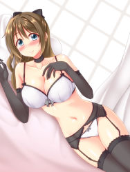 Rule 34 | 1girl, aqua eyes, artist name, artist request, bare shoulders, bed, black bow, black gloves, black thighhighs, blue eyes, blush, bow, bow bra, bow panties, bra, breasts, bridal gauntlets, brown hair, cleavage, collarbone, elbow gloves, female focus, garter belt, garter straps, gloves, hair between eyes, hair bow, half updo, high ponytail, highres, indoors, lingerie, long hair, looking at viewer, love live!, love live! nijigasaki high school idol club, medium breasts, on bed, osaka shizuku, panties, parted lips, pillow, ponytail, smile, solo, string bra, thighhighs, underwear, underwear only, white bra, white panties