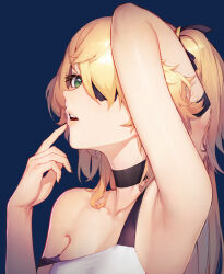 Rule 34 | 1girl, absurdres, alaskastomatoez, armpits, bare shoulders, black ribbon, blonde hair, breasts, commentary, english commentary, eyepatch, fischl (genshin impact), genshin impact, green eyes, hair over one eye, hair ribbon, highres, long hair, looking at viewer, medium breasts, open mouth, ribbon, shirt, simple background, solo, striped clothes, striped shirt, two side up, white shirt
