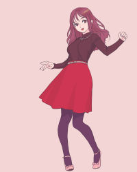 Rule 34 | 1girl, :d, breasts, fingernails, full body, highres, jewelry, long hair, long sleeves, medium breasts, necklace, open mouth, original, pantyhose, pink background, pink footwear, purple eyes, purple hair, purple pantyhose, red skirt, shoes, simple background, skirt, smile, solo, turtleneck, yuccoshi