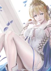 Rule 34 | 1girl, absurdres, bare shoulders, blonde hair, blue eyes, breasts, cleavage, closed mouth, commentary request, dress, europa (granblue fantasy), falling petals, flower, granblue fantasy, hair between eyes, hair flower, hair ornament, highres, large breasts, murasaki-sin, petals, short hair, sitting, smile, solo, thighs, tiara, white dress