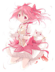 Rule 34 | 1girl, blush, bow, closed mouth, commentary request, creature, feathers, full body, gloves, hair between eyes, hair bow, head tilt, high heels, highres, kaname madoka, kneehighs, kyubey, looking at viewer, magical girl, mahou shoujo madoka magica, mahou shoujo madoka magica (anime), makuran, pink eyes, pink hair, pink shirt, puffy short sleeves, puffy sleeves, red bow, red footwear, shirt, shoes, short sleeves, simple background, skirt, smile, socks, two side up, white background, white feathers, white gloves, white skirt, white socks