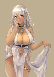 Rule 34 | 1girl, absurdres, azur lane, bare shoulders, blush, body markings, breasts, center opening, cleavage, cocktail dress, dark-skinned female, dark skin, dhamca, dress, evening gown, facial mark, forehead mark, halter dress, halterneck, hand on own cheek, hand on own face, high-waist sideboob, highres, large breasts, lifted by self, long hair, looking to the side, massachusetts (azur lane), massachusetts (dressed to impress) (azur lane), nail polish, native american, orange eyes, simple background, sleeveless, sleeveless dress, solo, thighlet, white hair, white nails