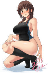 Rule 34 | 1girl, :3, amagami, arm at side, artist name, black one-piece swimsuit, black socks, blue one-piece swimsuit, blush, breasts, brown eyes, brown hair, closed mouth, commentary, commission, competition swimsuit, dated, feet, full body, hair over shoulder, hand on own leg, heel up, highleg, highres, kneehighs, large breasts, legs, light smile, long hair, looking at viewer, messy hair, no shoes, nose blush, one-piece swimsuit, pixiv commission, sakurai rihoko, shadow, sidelocks, signature, simple background, smile, socks, solo, squatting, swimsuit, tiptoes, toes, two-tone swimsuit, white background, yoo tenchi