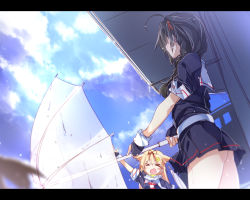 Rule 34 | &gt; &lt;, 10s, 2girls, black hair, black skirt, blonde hair, braid, closed eyes, cloud, cloudy sky, day, fingerless gloves, from below, gloves, hair flaps, holding, holding umbrella, kantai collection, letterboxed, looking at another, miniskirt, mtu (orewamuzituda), multiple girls, no panties, open mouth, outdoors, pleated skirt, remodel (kantai collection), shigure (kancolle), short sleeves, single braid, skirt, sky, smile, umbrella, yuudachi (kancolle)