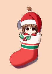 Rule 34 | 1girl, :o, blush, brown eyes, brown hair, chibi, christmas, christmas stocking, commentary request, fur trim, hagiwara yukiho, hair between eyes, hanging, hat, head tilt, hiboshi daizu, holly, idolmaster, idolmaster (classic), leaf, looking at viewer, looking up, matching hair/eyes, mittens, open mouth, orange background, pin, pom pom (clothes), red hat, red mittens, santa hat, shadow, short hair, simple background, solo