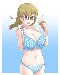 Rule 34 | 1girl, bare shoulders, bikini, blonde hair, blush, braid, breasts, cleavage, food, food on body, food on breasts, gradient background, green eyes, hamazuka sakura, holding, holding food, holding ice cream, ice cream, large breasts, long hair, looking down, navel, open mouth, simple background, solo, spoon, standing, swimsuit, toji no miko, tweela, twin braids