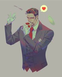Rule 34 | 1boy, bara, beard, cake, coat, commentary request, eating, facial hair, food, formal, lapels, long sleeves, male focus, mature male, muscular, muscular male, necktie, original, shirt, short hair, solo, suit, ueno kishi