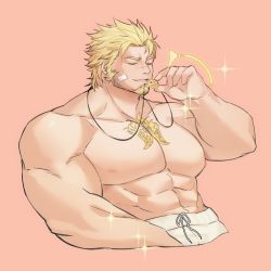 Rule 34 | 1boy, abs, bad id, bad twitter id, bandaid, bandaid on face, bara, bare pectorals, blonde hair, closed eyes, cropped legs, cross, cross necklace, facial hair, goatee, highres, jacob (housamo), jewelry, kiss, large pectorals, long sideburns, male focus, muscular, muscular male, necklace, nipples, pectorals, pink background, sdz (inazuma), short hair, sideburns, solo, tokyo houkago summoners, wrestling outfit