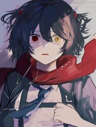 Rule 34 | 1boy, absurdres, black hair, blue necktie, commentary, heterochromia, highres, male focus, mashiro meme, mashiro meme (1st costume), necktie, nijisanji, open mouth, p kotai, red eyes, red scarf, scarf, solo, symbol-only commentary, virtual youtuber, yellow eyes