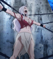 Rule 34 | 1girl, breasts, cleavage, fairy tail, highres, large breasts, long hair, mirajane strauss, screencap, torn clothes, white hair