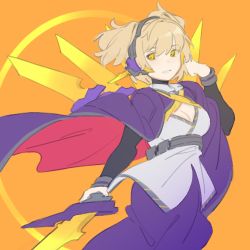 Rule 34 | 1girl, adapted costume, blonde hair, breasts, cape, character request, check character, cleavage, earmuffs, hair between eyes, hair flaps, hand up, highres, holding, holding sword, holding weapon, looking at viewer, ntii, orange background, purple cape, simple background, solo, sword, touhou, toyosatomimi no miko, weapon, yellow eyes
