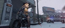 Rule 34 | 1boy, 1girl, 666, bird, black jacket, black skirt, black thighhighs, blonde hair, bomber jacket, breast pocket, breasts, breath, brown eyes, car, chinese commentary, closed mouth, cuffs, demon horns, fur collar, gas pump, gas station, girls&#039; frontline, hair between eyes, handcuffs, hat, highres, horns, jacket, long hair, long sleeves, m870 (girls&#039; frontline), mechanical tail, motor vehicle, motorcycle, outdoors, pleated skirt, pocket, police car, scenery, sheriff badge, shirt, sign, skirt, snow, snowing, tail, thighhighs, waterkuma, yellow shirt
