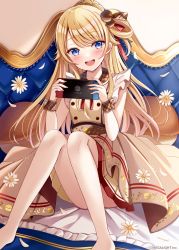 Rule 34 | 1girl, :d, acorn, barefoot, blonde hair, blue eyes, blush, brown dress, commentary request, copyright notice, copyright request, couch, dress, feet out of frame, flower, hands up, holding, knees up, long hair, looking at viewer, nintendo switch, official art, on couch, open mouth, pleated dress, sakura hiyori, sitting, smile, solo, teeth, upper teeth only, very long hair, virtual youtuber, watermark, white flower