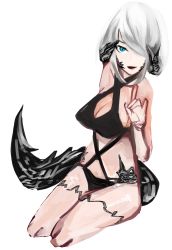 Rule 34 | 10s, 1girl, :d, \m/, au ra, warrior of light (ff14), bad id, bad pixiv id, bare shoulders, black panties, blue eyes, breasts, cleavage, cleavage cutout, clothing cutout, collarbone, dragon girl, dragon horns, dragon tail, final fantasy, final fantasy xiv, hair over one eye, halterneck, halterneck, highres, horns, large breasts, long hair, looking at viewer, mash donburi, open mouth, panties, scales, simple background, sitting, smile, solo, tail, thigh strap, tsurime, underwear, white background, white hair