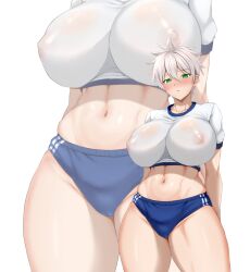 Rule 34 | 1girl, abs, absurdres, arms behind back, blue buruma, blush, breasts, buruma, cameltoe, cleft of venus, collarbone, commentary request, covered erect nipples, double vertical stripe, green eyes, grey hair, gym shirt, gym uniform, hair between eyes, highres, large breasts, looking at viewer, midriff, multiple views, navel, original, ranhatu, shirt, short hair, short sleeves, stomach, thick thighs, thighs, tight clothes, tight shirt, white shirt, wide hips, zoom layer