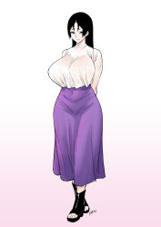 Rule 34 | 1girl, bare shoulders, black footwear, black hair, breasts, closed mouth, contemporary, covered navel, curvy, f.w.zholic, fate/grand order, fate (series), full body, gradient background, highres, huge breasts, long hair, long skirt, looking at viewer, minamoto no raikou (fate), parted bangs, purple skirt, shirt, simple background, skirt, sleeveless, sleeveless shirt, smile, solo, thighs, toeless footwear, very long hair, white shirt