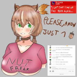 Rule 34 | alternate breast size, animal ears, anon, ayunda risu, breasts, brown hair, chat log, choker, clothes writing, crop top, eddarxart, english text, eyes visible through hair, green eyes, hair between eyes, hair ornament, hololive, hololive indonesia, large breasts, livestream, meme, no nut november, nonstop nut november, nut (food), pig tail, pink shirt, shirt, squirrel ears, squirrel girl, stream, sugestive, tail, talking, twitch username, underboob, virtual youtuber, youtube