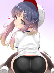 Rule 34 | 1girl, ass, bike shorts, black shorts, black thighhighs, commentary request, from behind, gradient background, gradient hair, grey background, gym uniform, hair ornament, hairclip, highres, kantai collection, looking at viewer, looking back, multicolored hair, orange hair, purple eyes, purple hair, shirt, short hair, shorts, sidelocks, solo, t-shirt, takase muh, thighhighs, tsushima (kancolle), twitter username, white background, white headwear, white shirt