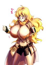 Rule 34 | 1girl, bakki, belt, bike shorts, blonde hair, blush, breasts, cleavage, clenched hands, cowboy shot, fingerless gloves, gloves, highres, huge breasts, impossible clothes, impossible shirt, long hair, looking down, midriff, navel, pink eyes, rwby, scarf, shirt, shorts, simple background, solo, standing, white background, yang xiao long