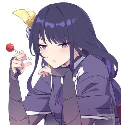 Rule 34 | 1girl, absurdres, artist name, asiri senpai, bridal gauntlets, candy, commentary, flower, food, genshin impact, hair flower, hair ornament, highres, holding, holding candy, holding food, holding lollipop, japanese clothes, kimono, lollipop, long hair, mole, mole under eye, parted lips, purple eyes, purple flower, purple hair, purple kimono, raiden shogun, simple background, solo, white background