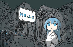 Rule 34 | 1girl, absurdres, artist name, blue eyes, blue hair, cable, collared shirt, computer, crack, cracked glass, cracked screen, electric fan, grey background, hair between eyes, highres, holding, holding cable, long hair, long sleeves, looking up, monitor, original, refrigerator, shirt, sidelocks, smile, solo, speaker, tokiwa (914), washing machine
