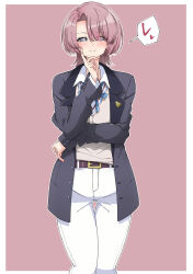 Rule 34 | 1girl, arimura mao, black jacket, blue ribbon, blush, commentary request, feet out of frame, gakuen idolmaster, hatsuboshi gakuen school uniform, heart, highres, idolmaster, jacket, looking at viewer, neck ribbon, pants, pink background, pink hair, ribbon, school uniform, simple background, slipper (precure), smile, solo, spoken heart, sweater vest, two-tone background, white pants