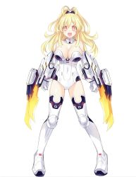 Rule 34 | 10s, 1girl, blonde hair, blush, breasts, claw (weapon), claws, cleavage, cleavage cutout, clothing cutout, dual wielding, female focus, highres, holding, large breasts, leotard, long hair, neptune (series), orange eyes, pish, smile, solo, symbol-shaped pupils, tsunako, weapon, yellow heart (neptunia)