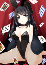 Rule 34 | 1girl, ace (playing card), ace of spades, animal ears, black hair, black leotard, bow, bowtie, breasts, cane, card, cleavage, covered navel, fake animal ears, fishnet pantyhose, fishnets, getsuyou yasumi, green eyes, highres, jack (playing card), jack of spades, joker (playing card), king (playing card), king of hearts (playing card), leotard, long hair, original, pantyhose, playboy bunny, playing card, pout, queen (playing card), queen of diamonds, rabbit ears, sitting, solo, spade (shape), strapless, strapless leotard, wariza, wrist cuffs