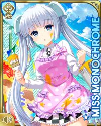 Rule 34 | 1girl, :o, apron, blue eyes, blunt bangs, card, character name, checker pattern, day, girlfriend (kari), jacket, miss monochrome, miss monochrome (character), official art, open mouth, outdoors, qp:flapper, school uniform, shirt, skirt, solo, tagme, thighhighs, twintails, white footwear, white hair, white shirt
