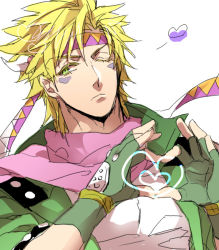 Rule 34 | 1boy, battle tendency, blonde hair, caesar anthonio zeppeli, chikusawa, facial mark, feather hair ornament, feathers, fingerless gloves, gloves, green eyes, green jacket, hair ornament, headband, heart, heart hands, jacket, jojo no kimyou na bouken, male focus, one eye closed, pink scarf, scarf, serious, solo, triangle print