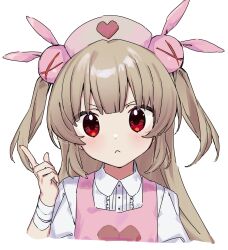 Rule 34 | 1girl, :&lt;, apron, bandaged wrist, bandages, closed mouth, collared shirt, hair ornament, hat, heart, highres, index finger raised, light blush, light brown hair, looking at viewer, nano (nan0ng), natori sana, nurse cap, pink apron, pink hat, portrait, rabbit hair ornament, red eyes, sana channel, shirt, simple background, solo, two side up, virtual youtuber, white background, white shirt