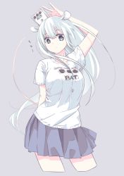 Rule 34 | 1girl, arm up, blue eyes, breasts, closed mouth, cropped legs, effects pedal, grey background, large breasts, long hair, looking at viewer, matsuda hikari, original, personification, pleated skirt, shirt, short sleeves, simple background, skirt, solo, t-shirt, white hair