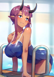 Rule 34 | 1girl, :3, absurdres, arm support, armpit crease, asymmetrical hair, backless swimsuit, bare arms, bare shoulders, blue eyes, blue one-piece swimsuit, blunt bangs, blurry, blush, breasts, cleavage, collarbone, commentary request, covered navel, cowboy shot, dark-skinned female, dark skin, demon girl, depth of field, fang, fang out, highres, horns, indoors, large breasts, leaning forward, looking to the side, mr.lime, multicolored clothes, multicolored swimsuit, nose, one-piece swimsuit, original, parted bangs, pink hair, pointy ears, pool, pool ladder, purple hair, red pupils, school swimsuit, shiny skin, side ponytail, single sidelock, soaking feet, solo, swimsuit, thick eyebrows, thighs, tile floor, tiles, two-tone swimsuit, wading, water, wet
