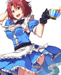 Rule 34 | 1girl, alternate costume, apron, armpits, ass, blue dress, breasts, cleavage, cow girl (goblin slayer!), cup, dress, frills, gloves, goblin slayer, goblin slayer!, highres, kankitukou, large breasts, looking at viewer, maid, maid apron, maid headdress, purple eyes, red hair, smile, tea, teacup, thighs