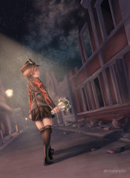 Rule 34 | 1girl, anchor hair ornament, aqua eyes, black legwear, black ribbon, black skirt, blonde hair, cityscape, flower, from behind, gloves, hair ornament, hair ribbon, hat, highres, hitohinoto, holding, holding flower, kantai collection, lamppost, low twintails, microskirt, milky way, miniskirt, night, night sky, outdoors, peaked cap, pleated skirt, prinz eugen (kancolle), ribbon, road, ruins, skirt, sky, solo, star (sky), street, twintails, uniform, walking, white flower, white gloves