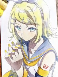 Rule 34 | 1girl, aqua eyes, ascot, bare shoulders, blonde hair, blouse, closed mouth, collarbone, detached sleeves, eyelashes, hair ornament, hairclip, half-closed eyes, highres, interlocked fingers, kagamine rin, leg warmers, looking at viewer, looking to the side, marker (medium), nail polish, number tattoo, own hands together, pale skin, pato (ptro), photo (medium), sailor collar, shirt, shoulder tattoo, sideways glance, sleeveless, sleeveless shirt, solo, tattoo, traditional media, vocaloid, wide sleeves, yellow ascot, yellow nails